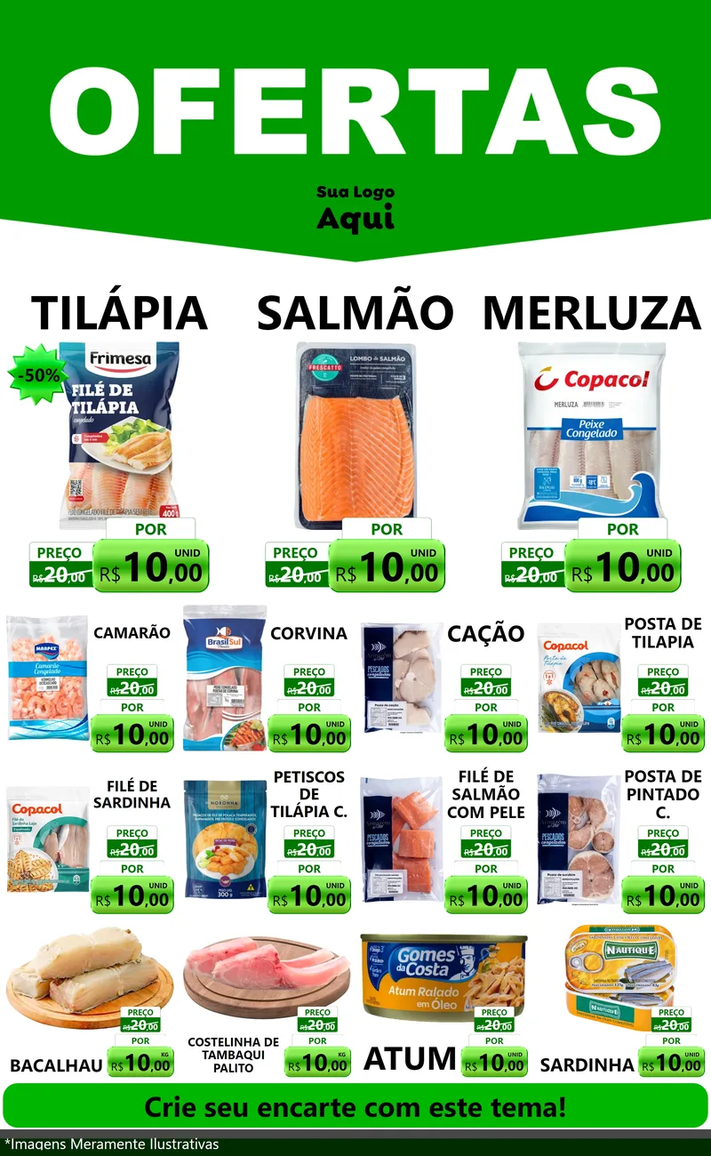 Modelo de Encarte para Encarte Grande com o tema Ofertas Verde Cartaz para Peixaria