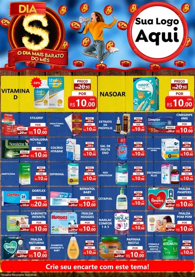Modelo de Encarte para Encarte A4 Vertical com o tema Dia S - O Dia Mais Barato Do Mês para Farmácia