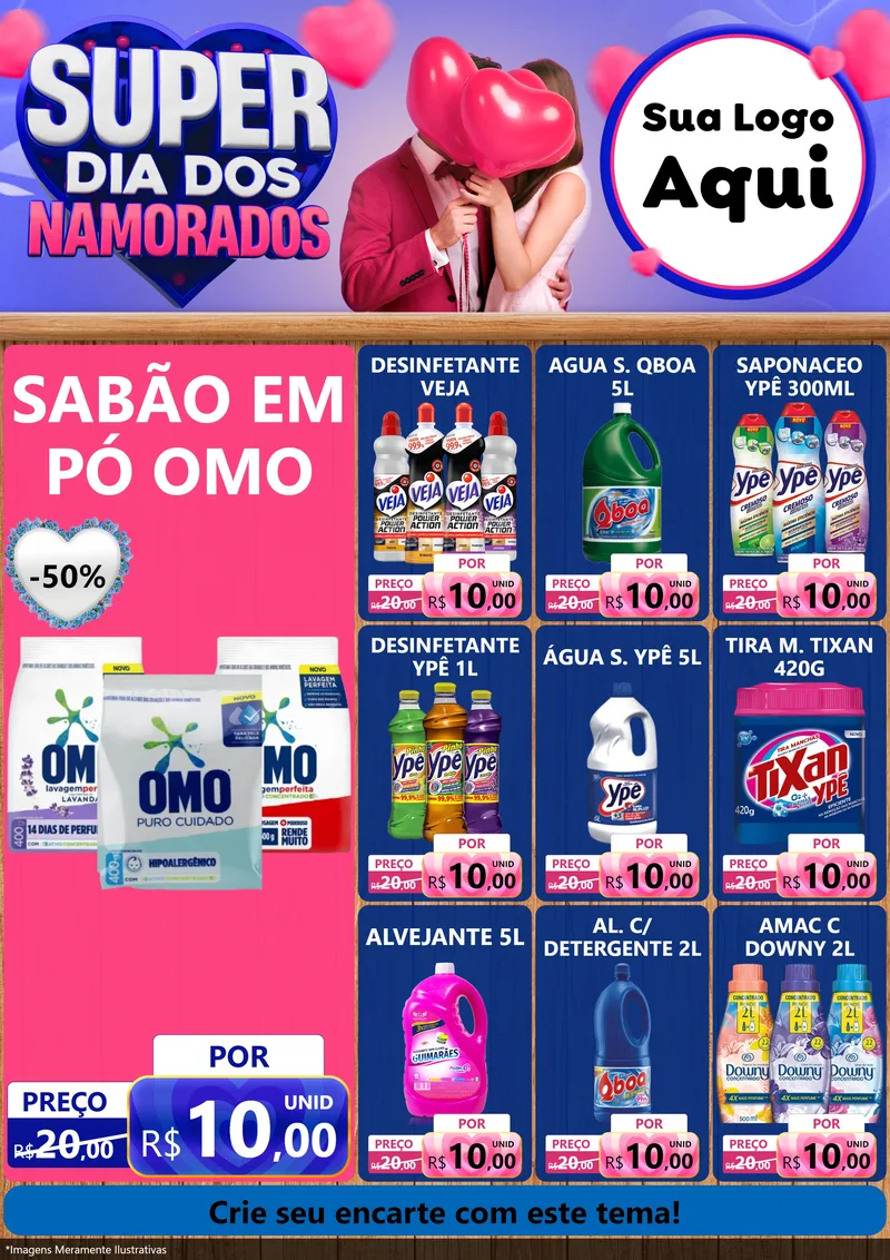 Modelo de Encarte para Encarte A4 Vertical com o tema Super Dia dos Namorados para Produtos de Limpeza