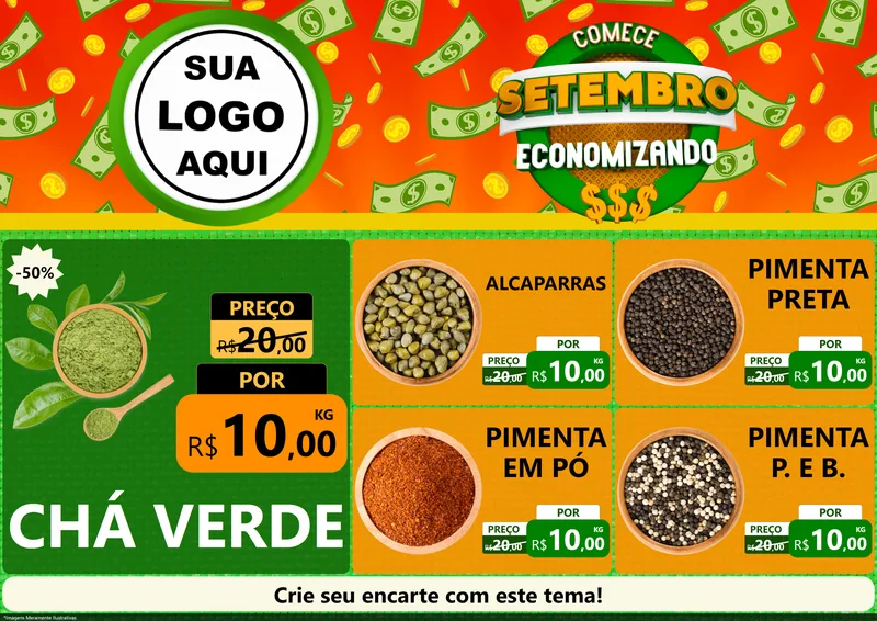 Modelo de Encarte para Encarte A4 Horizontal com o tema Comece Setembro Economizando para Produtos Naturais