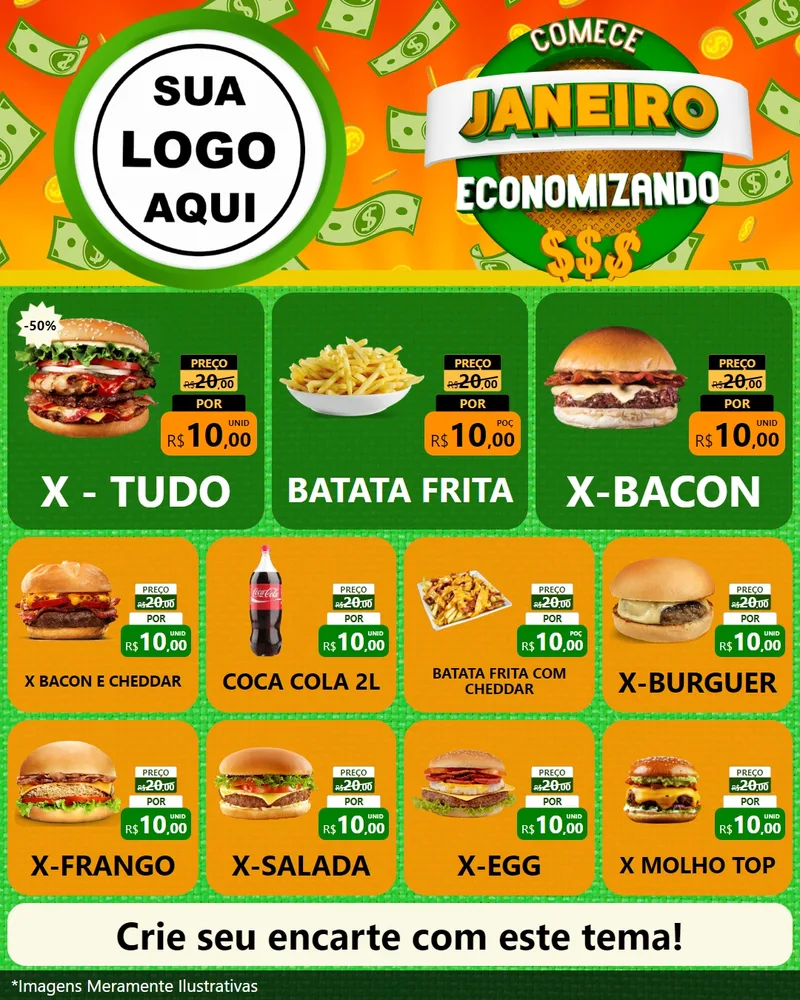 Modelo de Rede Social para Feed Instagram com o tema Comece Janeiro Economizando para Hamburgueria