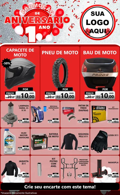 Modelo de Encarte para Encarte Grande com o tema Promoção de Aniversário - 1 Ano para Moto peças