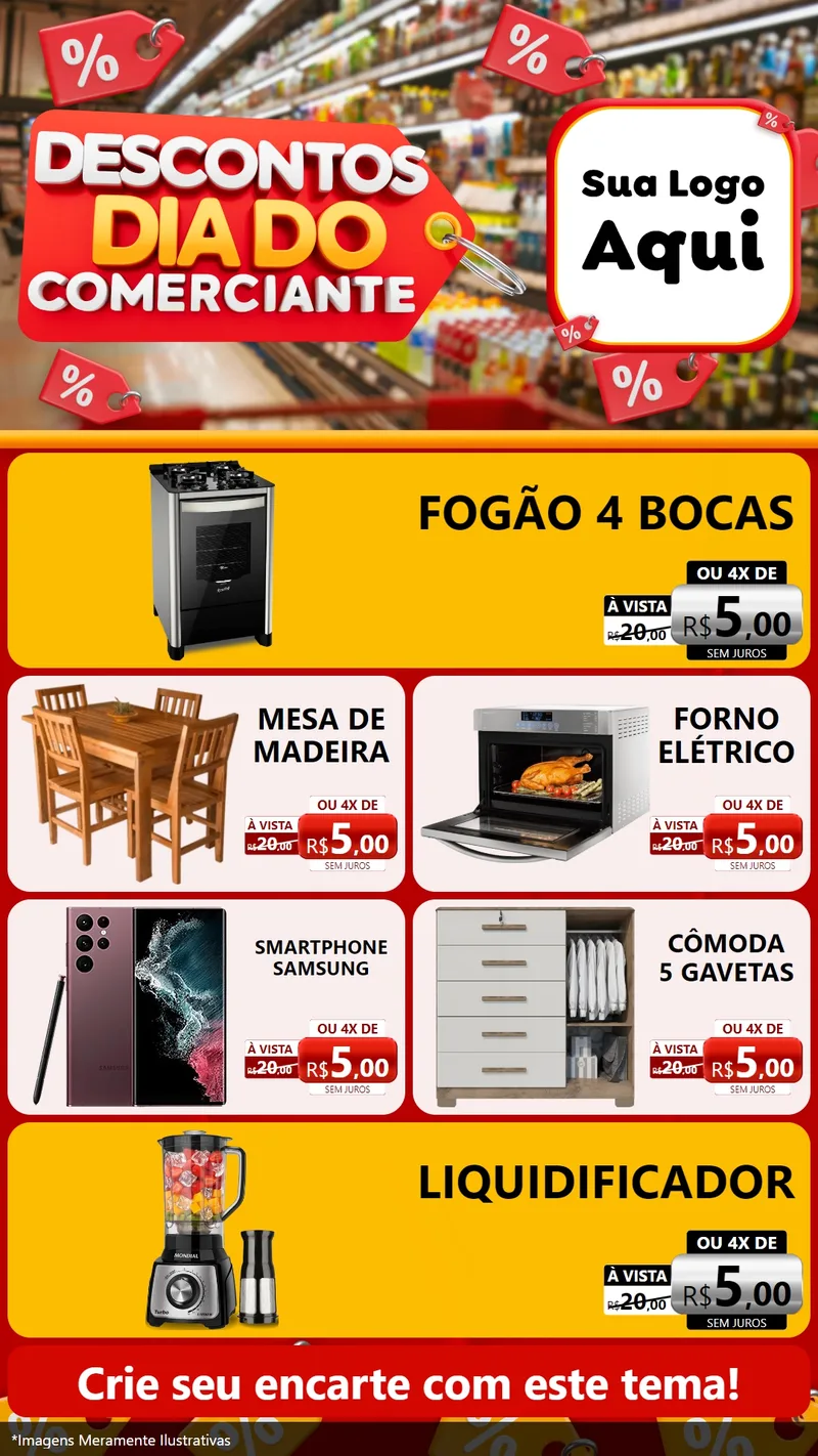 Modelo de TV para TV Vertical com o tema Descontos Dia do Comerciante para Móveis e Eletro