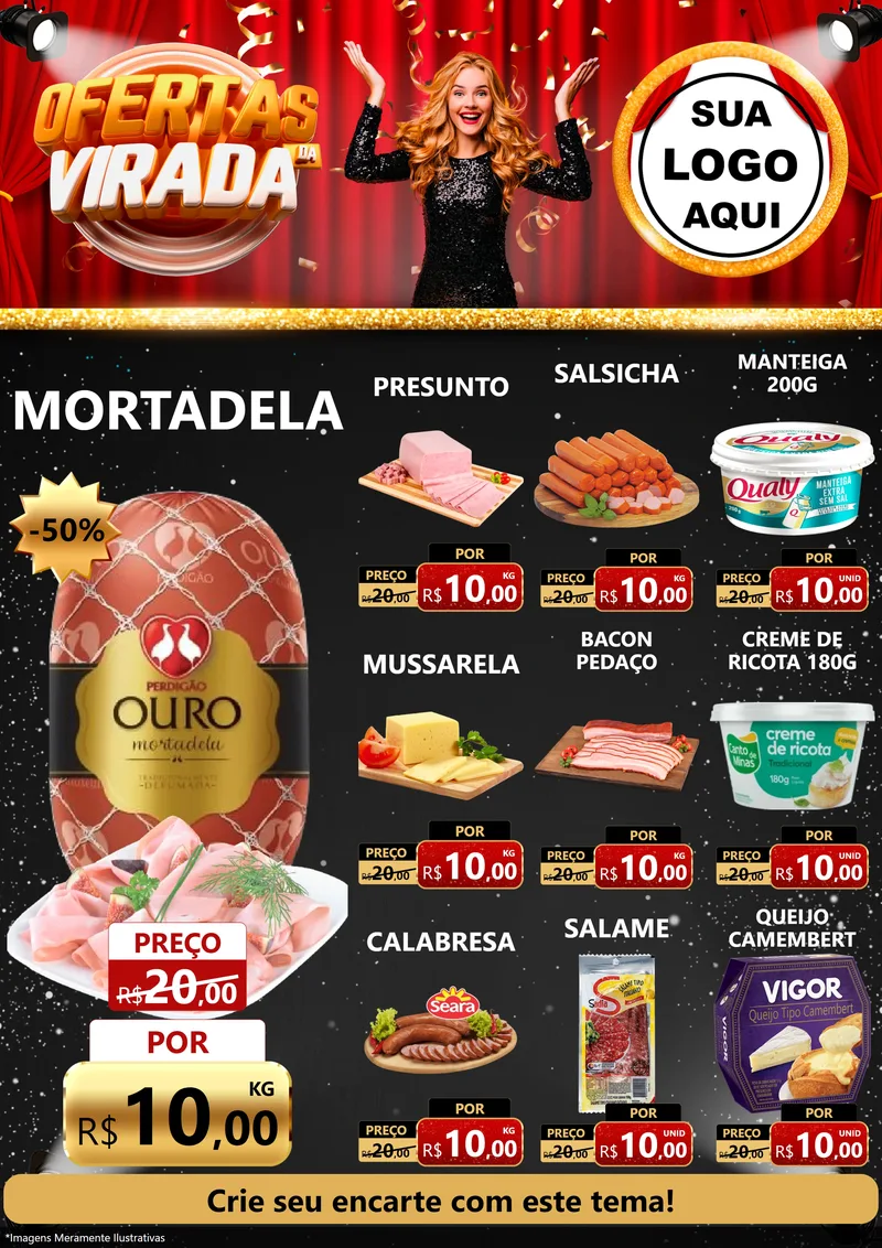 Modelo de Encarte para Encarte A4 Vertical com o tema Ofertas da Virada para Frios e Laticínios