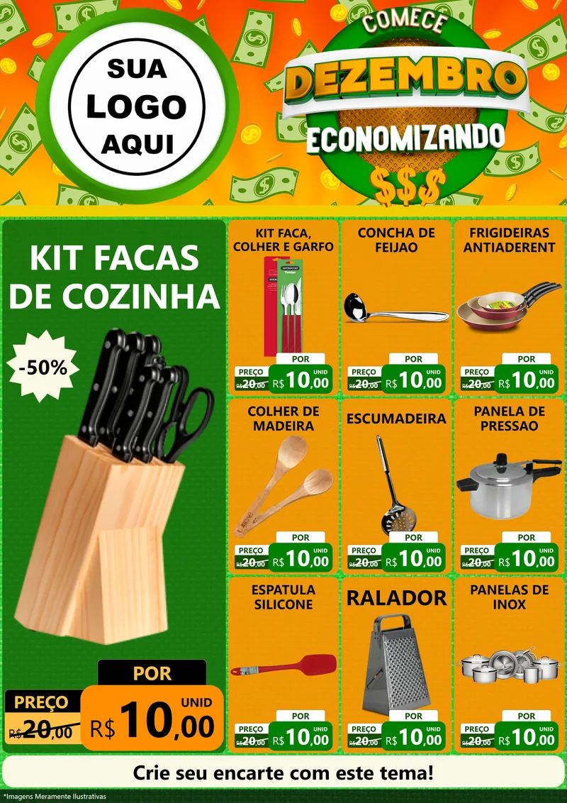 Modelo de Encarte para Encarte A4 Vertical com o tema Comece Dezembro Economizando para Utilidades Domésticas
