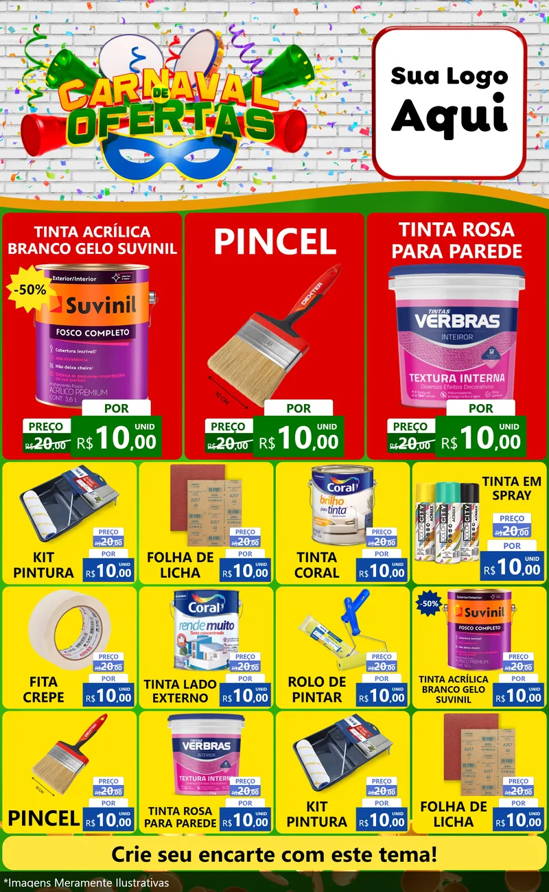 Modelo de Encarte para Encarte Grande com o tema Carnaval de Ofertas para Tintas e Ferramentas