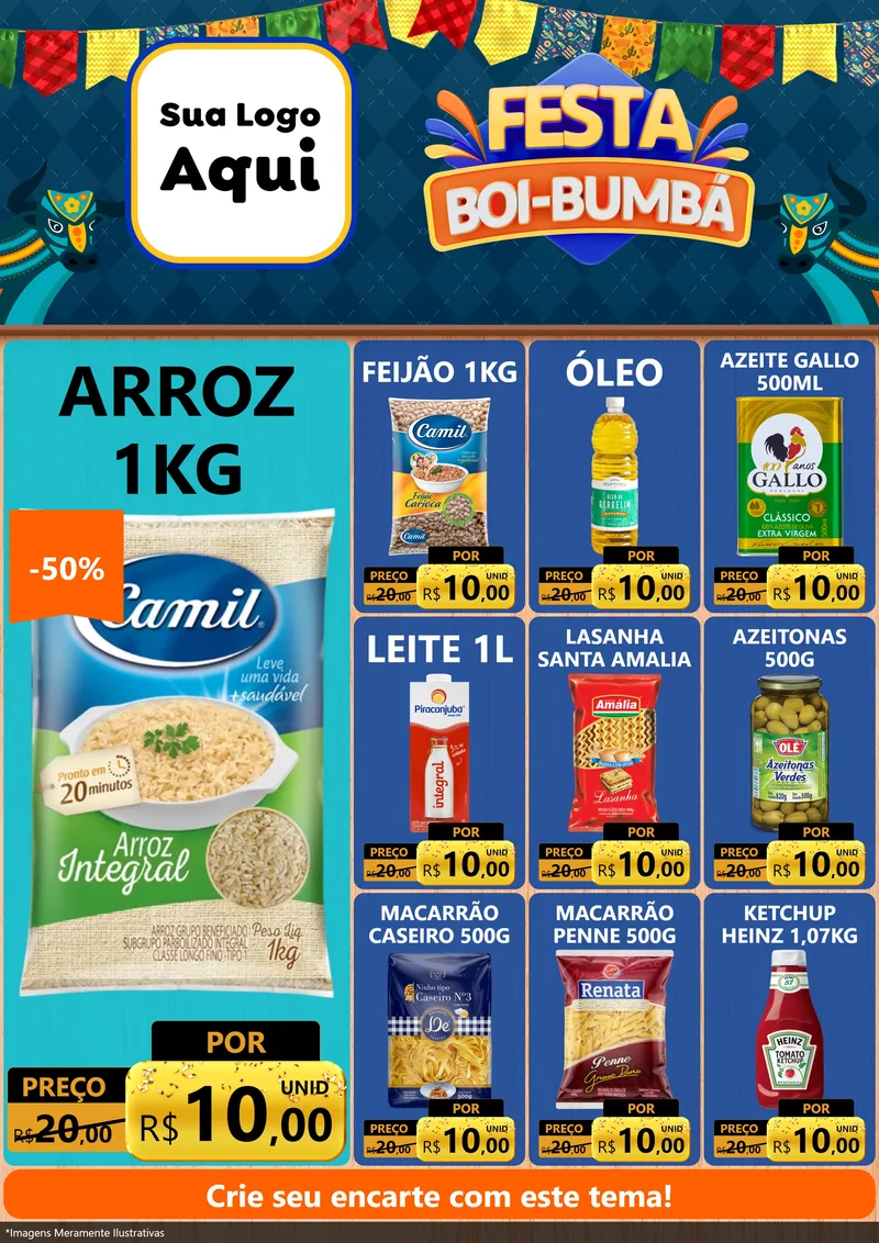 Modelo de Encarte para Encarte A4 Vertical com o tema Festa Boi Bumbá para Supermercado