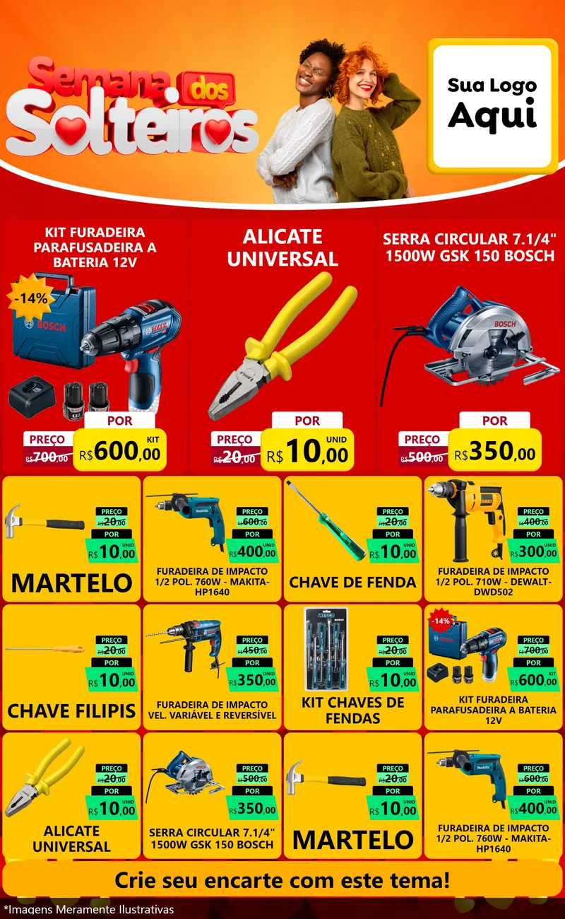 Modelo de Encarte para Encarte Grande com o tema Semana dos Solteiros para Maquinas e Ferramentas