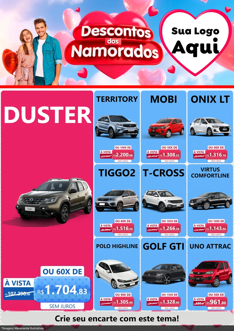 Modelo de Encarte para Encarte A4 Vertical com o tema Descontos dos Namorados para Concessionaria de Carros