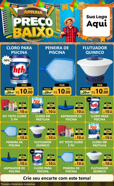 Modelo de Encarte para Encarte Grande com o tema Arraiá de Preço Baixo - Junina para Produtos para Piscina
