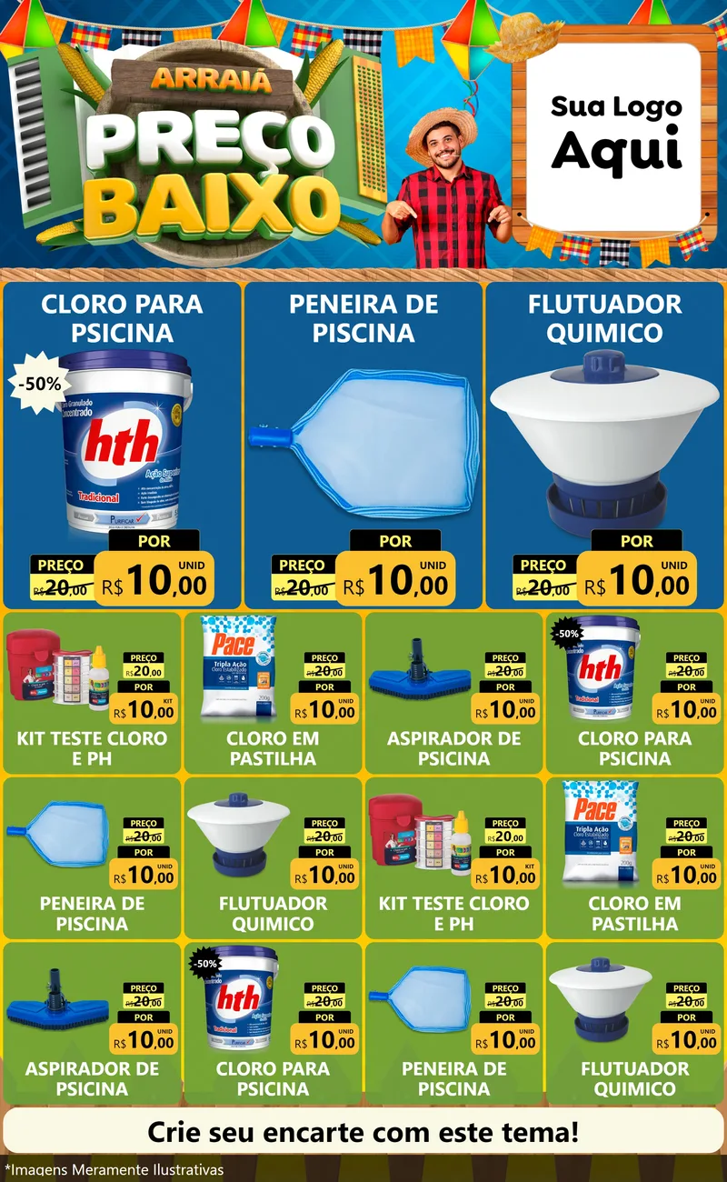 Modelo de Encarte para Encarte Grande com o tema Arraiá de Preço Baixo - Junina para Produtos para Piscina