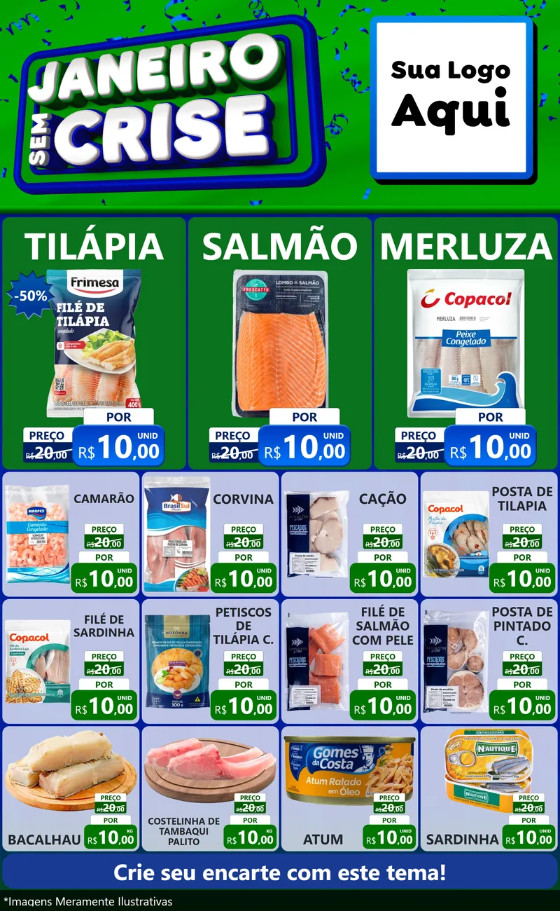 Modelo de Encarte para Encarte Grande com o tema Janeiro Sem Crise para Peixaria