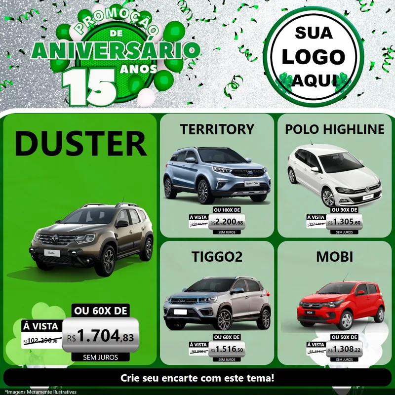 Modelo de Rede Social para Feed Facebook com o tema Promoção de Aniversário - 15 Anos para Concessionaria de Carros