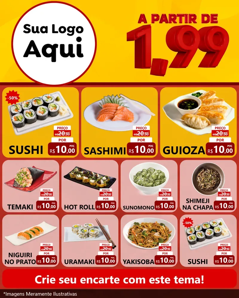 Modelo de Rede Social para Feed Instagram com o tema A Partir de Um e Noventa e Nove - 1,99 para Comida japonesa