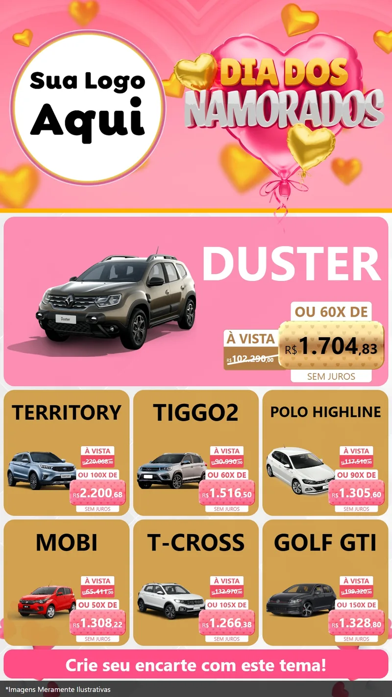 Modelo de Rede Social para Stories com o tema Dia dos Namorados para Concessionaria de Carros