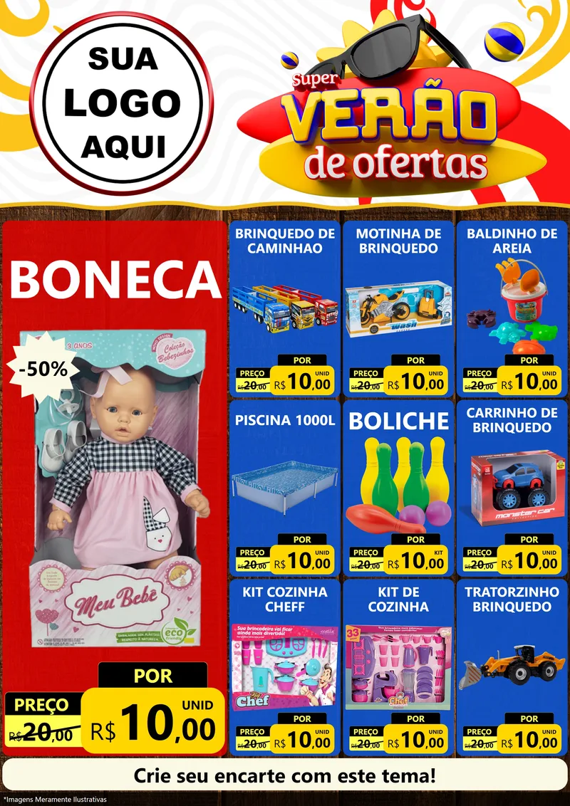 Modelo de Encarte para Encarte A4 Vertical com o tema Super Verão de Ofertas para Brinquedos