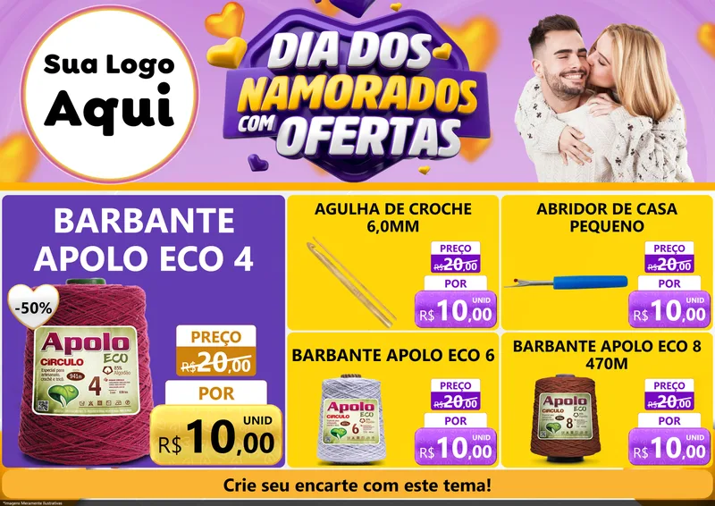 Modelo de Encarte para Encarte A4 Horizontal com o tema Dia Dos Namorados Com Ofertas para Armarinho e Aviamentos