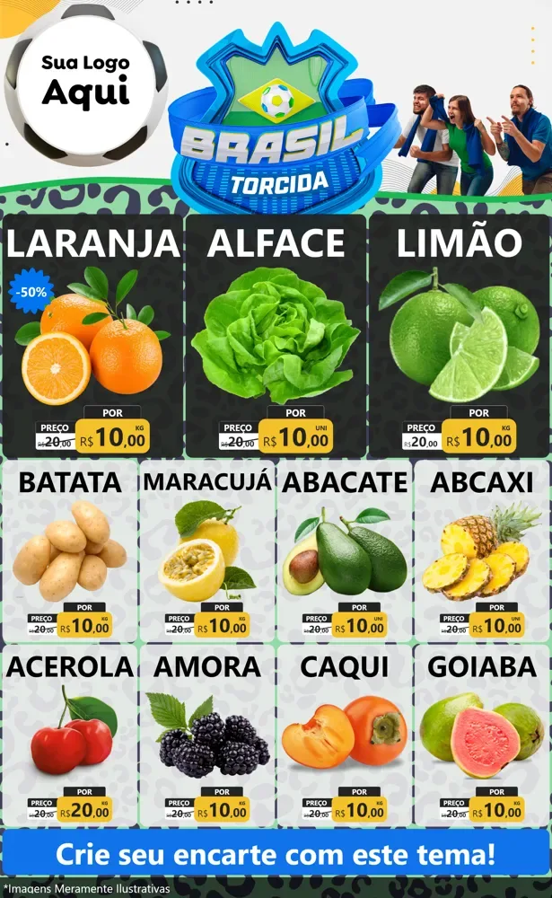 Modelo de Encarte para Encarte Grande com o tema Brasil Torcida - Copa para Hortifrúti