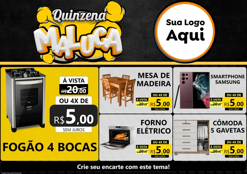 Modelo de Encarte para Encarte A4 Horizontal com o tema Quinzena Maluca para Móveis e Eletro