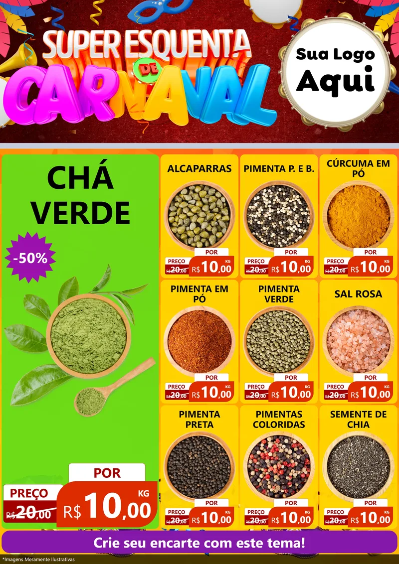Modelo de Encarte para Encarte A4 Vertical com o tema Super Esquenta de Carnaval para Produtos Naturais