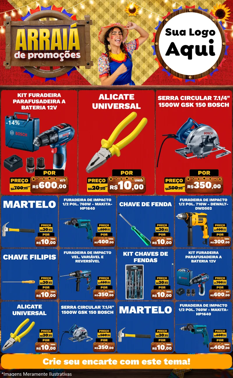 Modelo de Encarte para Encarte Grande com o tema Arraiá de Promoções para Maquinas e Ferramentas