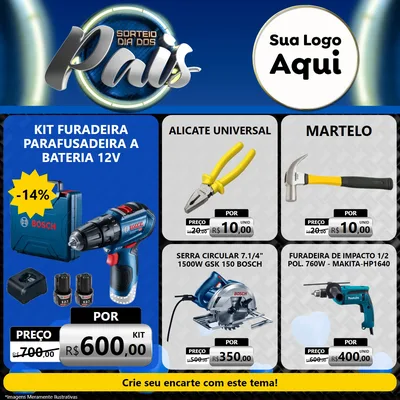 Modelo de Rede Social para Feed Facebook com o tema Sorteio Dia Dos Pais para Maquinas e Ferramentas