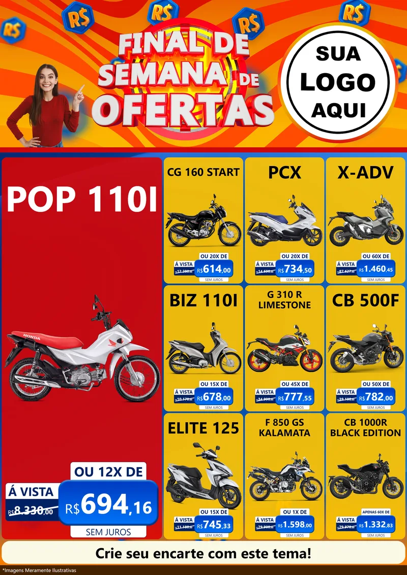 Modelo de Encarte para Encarte A4 Vertical com o tema Final de Semana de Ofertas para Concessionaria de Motos