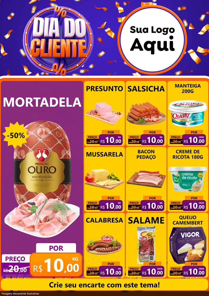 Modelo de Encarte para Encarte A4 Vertical com o tema Dia do Cliente para Frios e Laticínios
