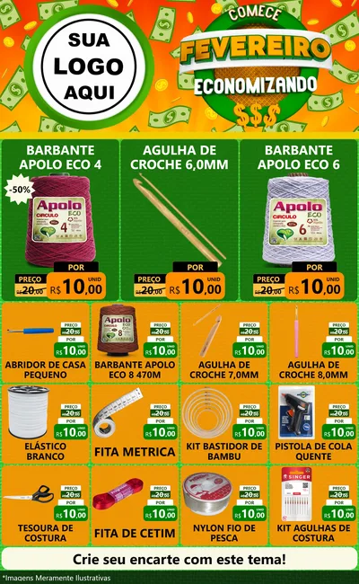 Modelo de Encarte para Encarte Grande com o tema Comece Fevereiro Economizando para Armarinho e Aviamentos