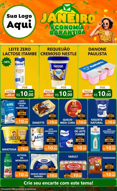 Modelo de Encarte para Encarte Grande com o tema Janeiro - Economia Garantida para Frios e Laticínios