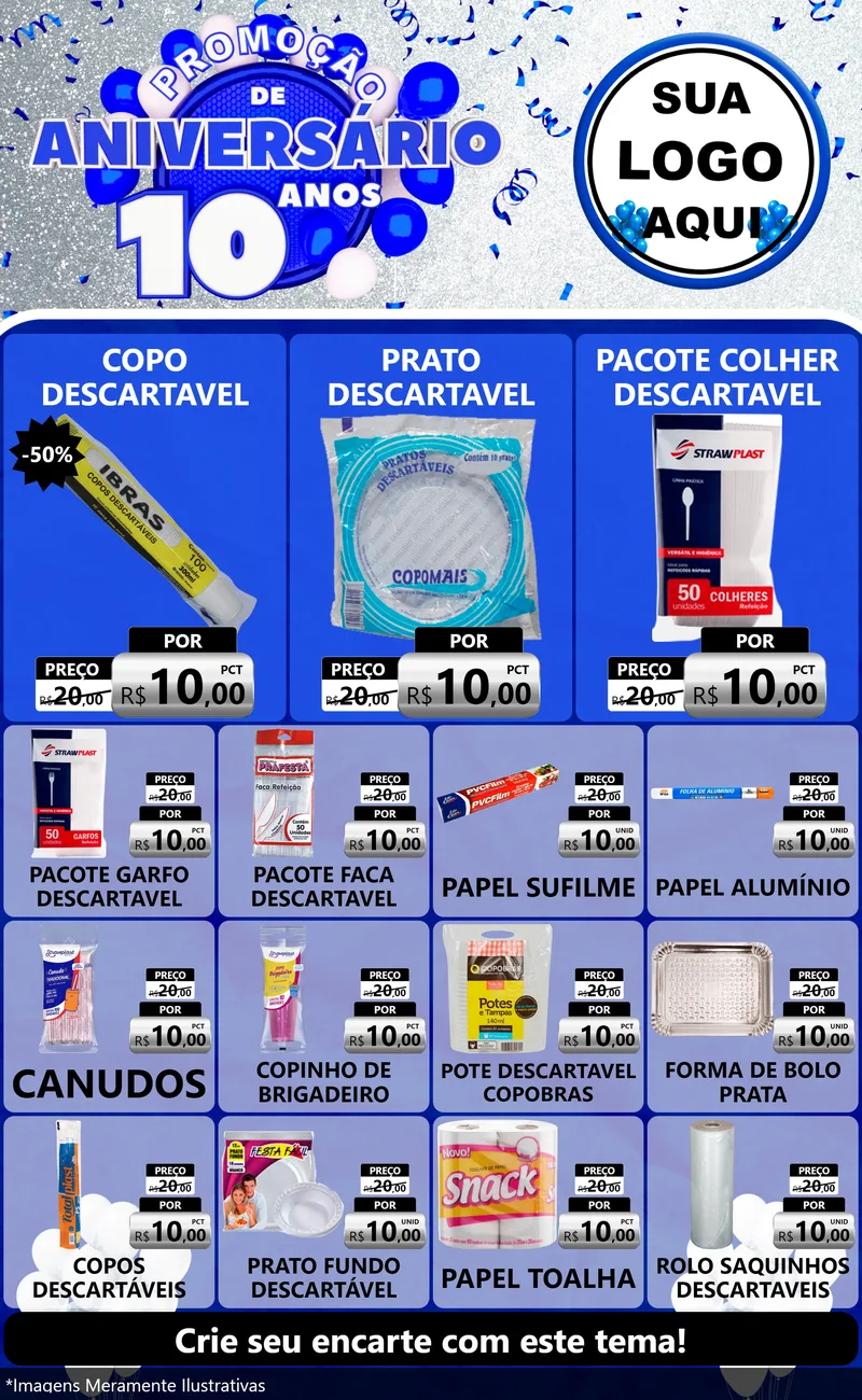 Modelo de Encarte para Encarte Grande com o tema Promoção de Aniversário - 10 Anos para Embalagens