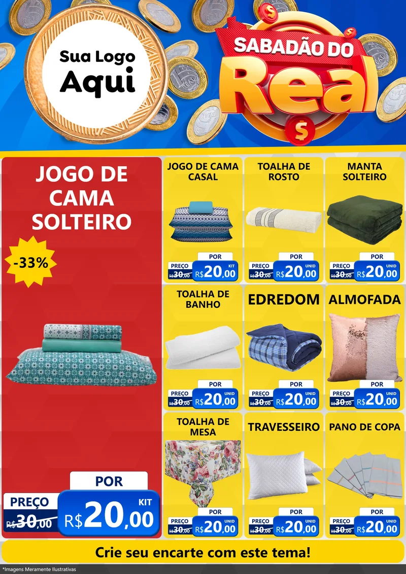 Modelo de Encarte para Encarte A4 Vertical com o tema Sabadão do Real para Cama, Mesa e Banho