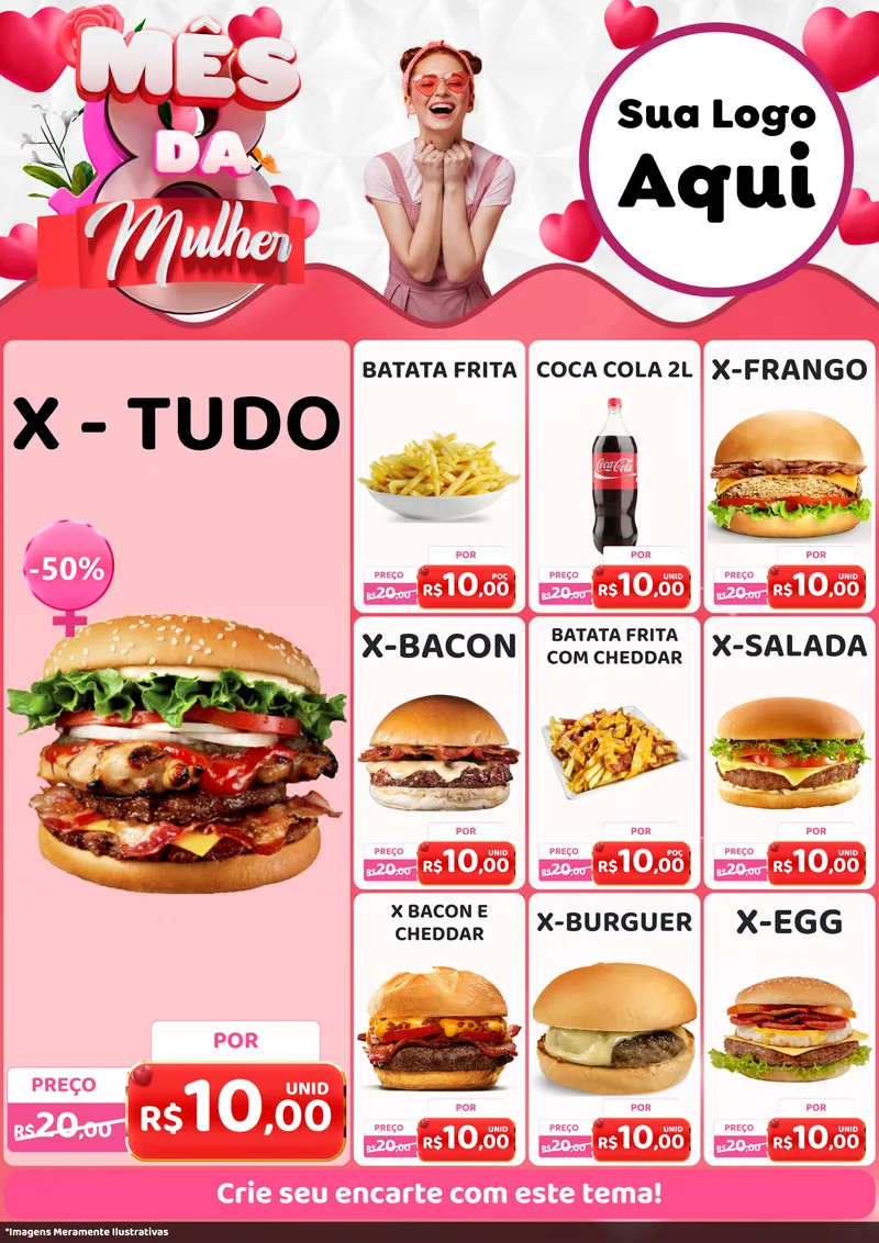 Modelo de Encarte para Encarte A4 Vertical com o tema Mês da Mulher para Hamburgueria