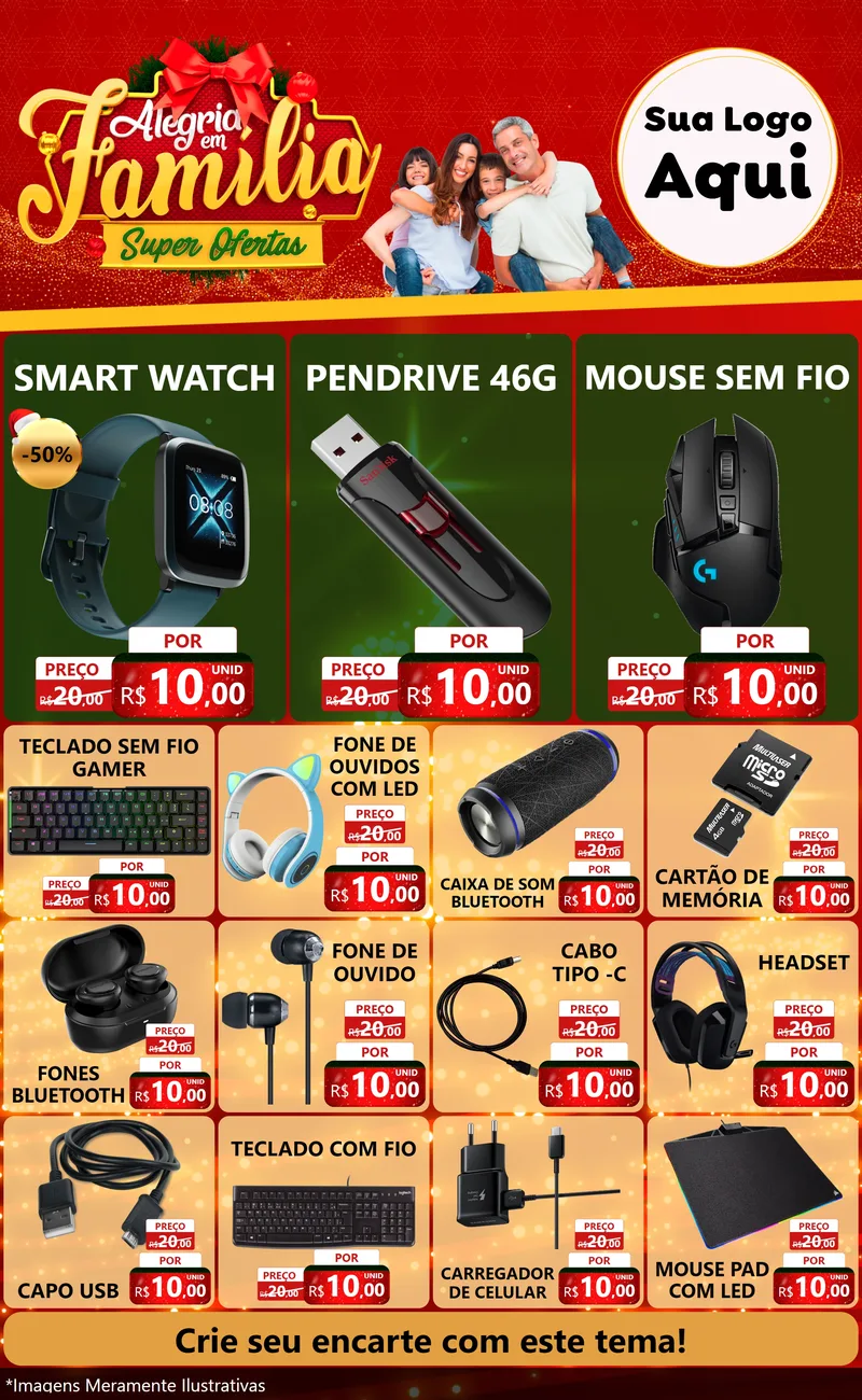 Modelo de Encarte para Encarte Grande com o tema Alegria em Família Super Ofertas - Natal para Informática