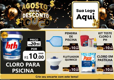 Modelo de Encarte para Encarte A4 Horizontal com o tema Agosto Mês do Desconto Louco para Produtos para Piscina