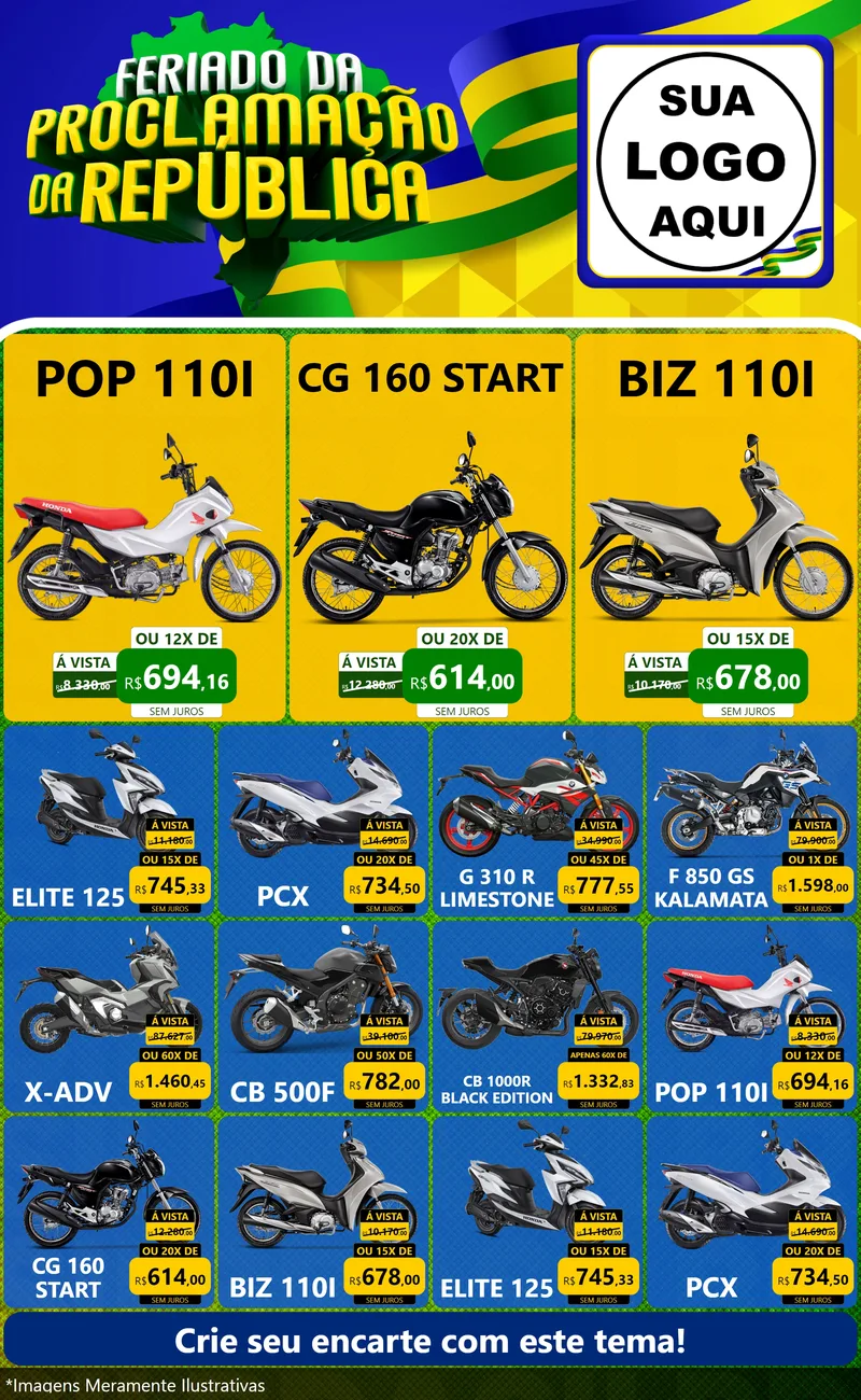 Modelo de Encarte para Encarte Grande com o tema Feriado da Proclamação da República para Concessionaria de Motos