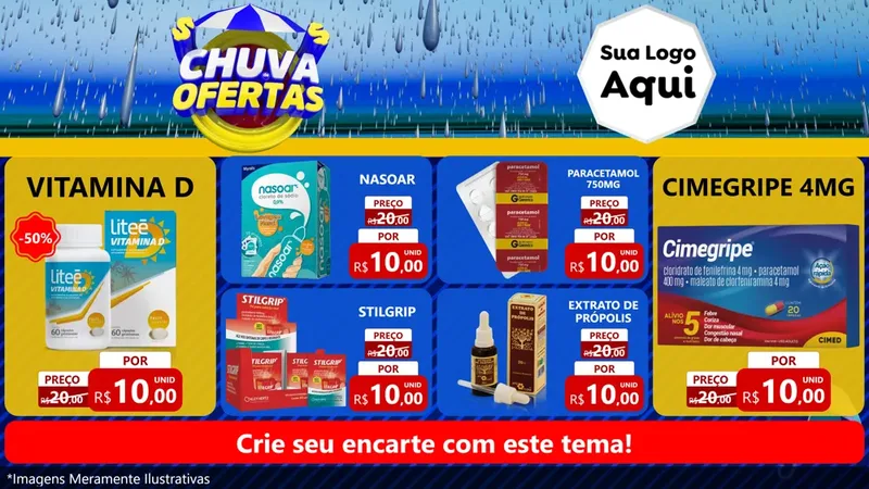 Modelo de TV para TV Horizontal com o tema Chuva de Ofertas para Farmácia