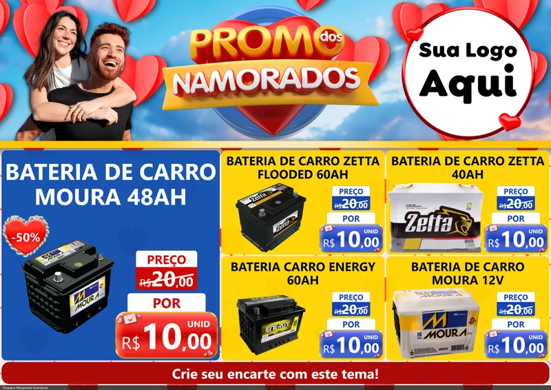Modelo de Encarte para Encarte A4 Horizontal com o tema Promo dos Namorados para Baterias Elétricas