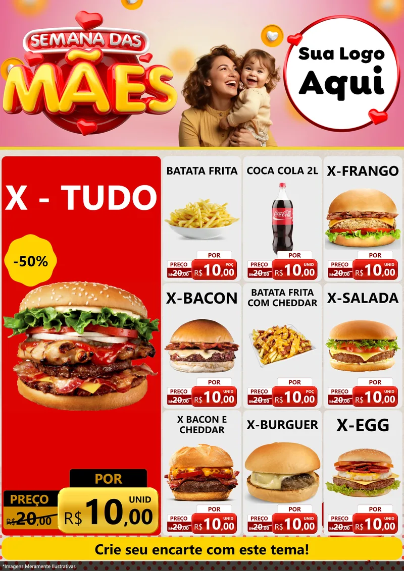 Modelo de Encarte para Encarte A4 Vertical com o tema Semana das Mães para Hamburgueria