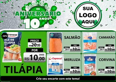 Modelo de Encarte para Encarte A4 Horizontal com o tema Promoção de Aniversário - 10 Anos para Peixaria
