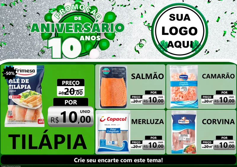 Modelo de Encarte para Encarte A4 Horizontal com o tema Promoção de Aniversário - 10 Anos para Peixaria