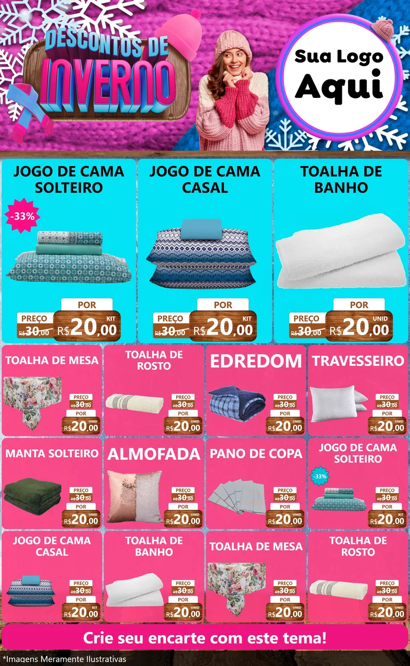 Modelo de Encarte para Encarte Grande com o tema Descontos de Inverno para Cama, Mesa e Banho