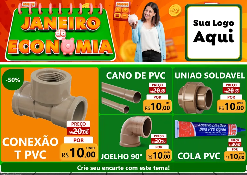 Modelo de Encarte para Encarte A4 Horizontal com o tema Janeiro da Economia para Tubos e conexões