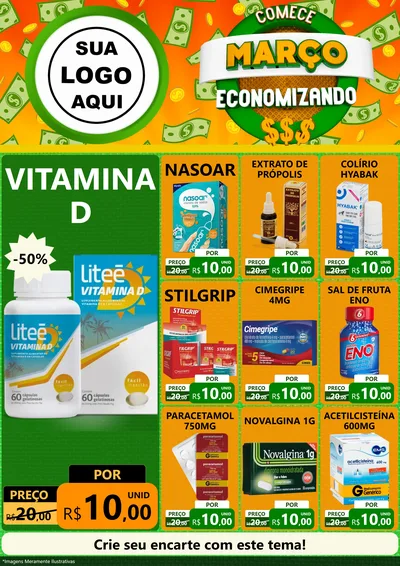 Modelo de Encarte para Encarte A4 Vertical com o tema Comece Março Economizando para Farmácia