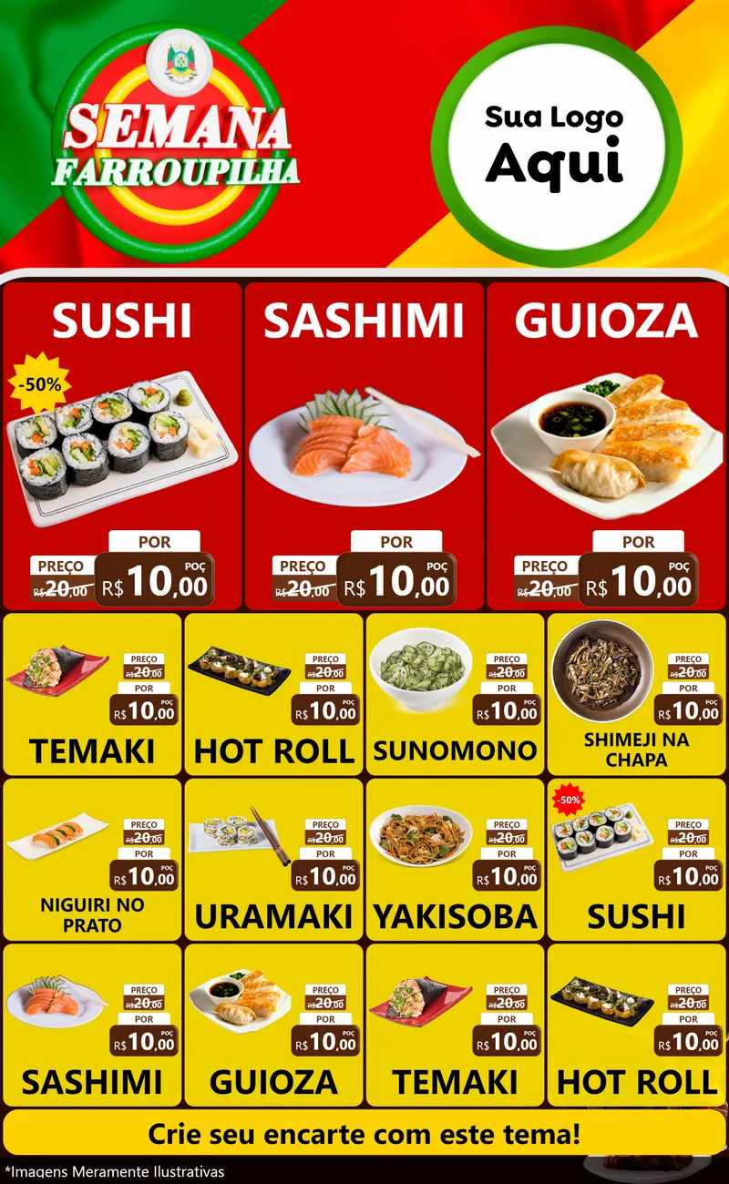 Modelo de Encarte para Encarte Grande com o tema Semana Farroupilha para Comida japonesa