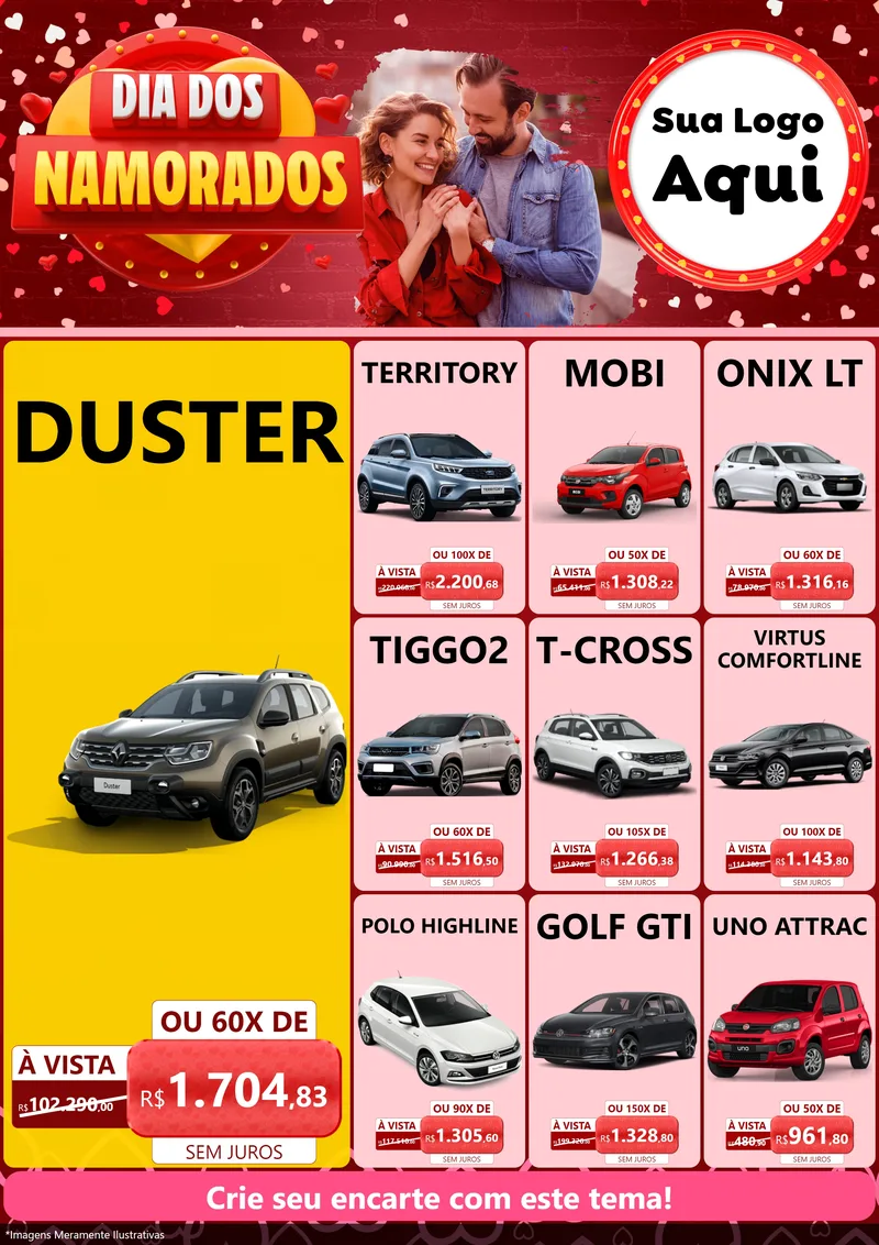 Modelo de Encarte para Encarte A4 Vertical com o tema Dia Dos Namorados para Concessionaria de Carros