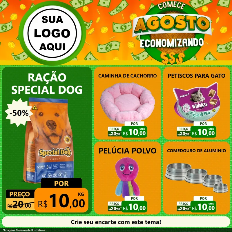 Modelo de Rede Social para Feed Facebook com o tema Comece Agosto Economizando para Pet Shop
