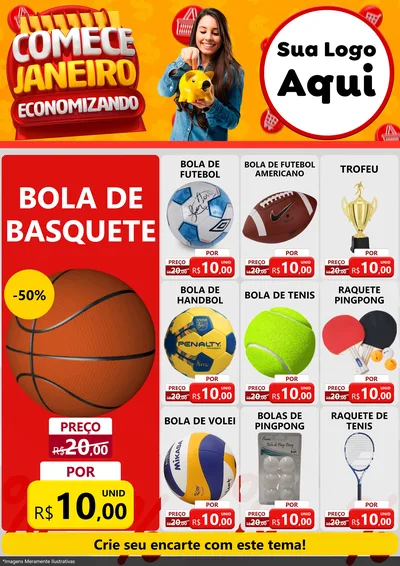 Modelo de Encarte para Encarte A4 Vertical com o tema Comece Janeiro Economizando para Artigos Esportivos