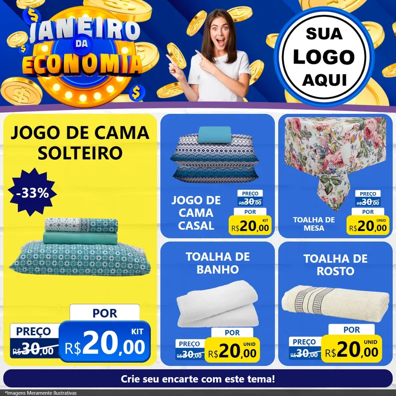 Modelo de Rede Social para Feed Facebook com o tema Janeiro da Economia para Cama, Mesa e Banho