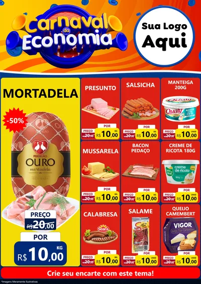 Modelo de Encarte para Encarte A4 Vertical com o tema Carnaval da Economia para Frios e Laticínios